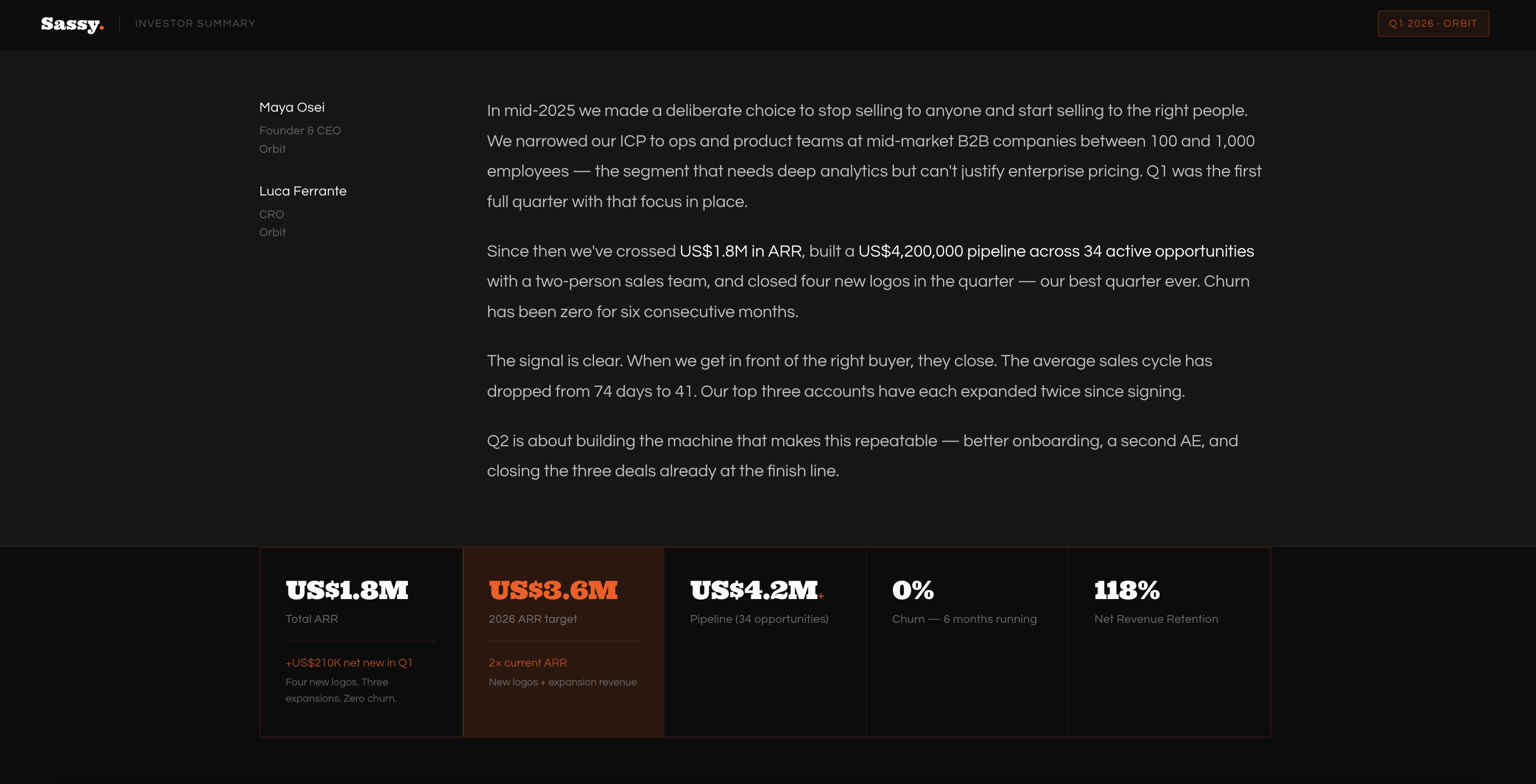 Investor Summary narrative view