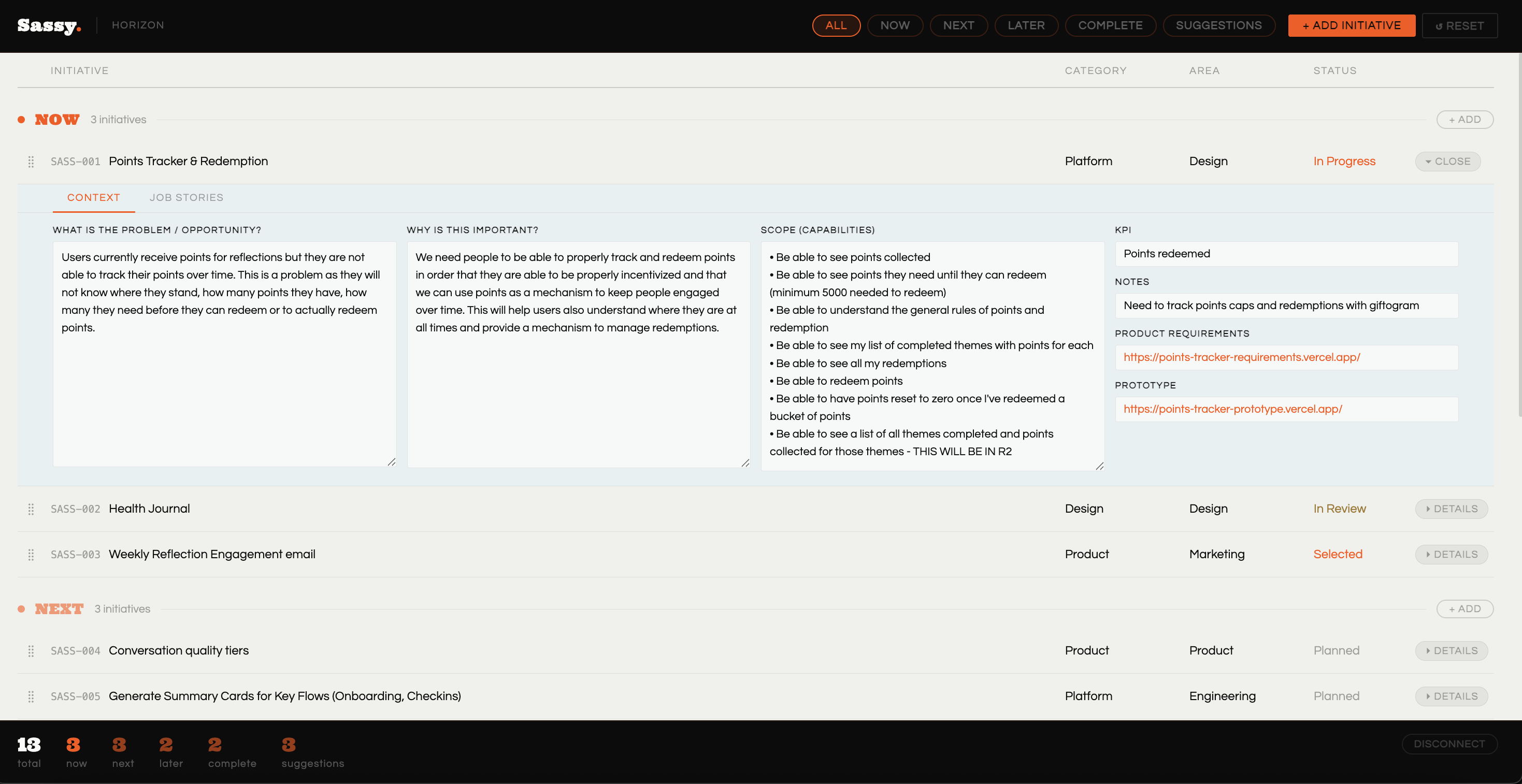 Horizon Roadmap detail view